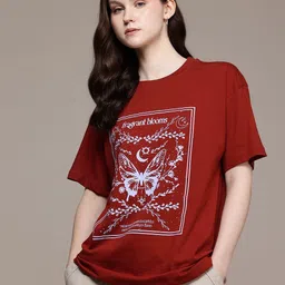roadster Women Printed Round Neck Pure Cotton Maroon T-Shirt-picture-13