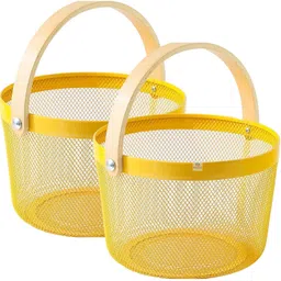 Iron Pack of 2 Metal Mesh Grid Food Basket with Wooden Handle Storage Basket Iron Fruit & Vegetable Basket-image-34