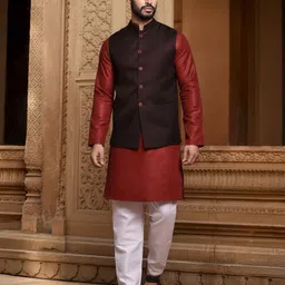 Men Pure Cotton Kurta Pyjama Ethnic Jacket Set-image-5