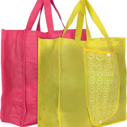 kuber industries Shopping Grocery Bags Foldable, Washable Grocery Tote Bag with One Small Pocket, Eco-Friendly Purse Bag Fits in Pocket Waterproof & Lightweight (Set Of 2,Pink & Yellow) Pack of 2 Grocery Bags-picture-14