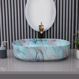 cluster Designer Glossy Finish Over Counter Wash Basin For Bathroom, Hotel & Restaurant Oblong Shaped (550 x 350 x 145 mm) | Glossy Mint Green Table Top Basin-picture-38