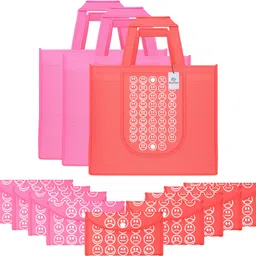 heart home Pack of 12 Smile Foldable Grocery/Shopping Bags For Women | Pink & Red Pack of 12 Grocery Bags-picture-12