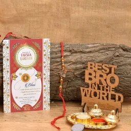 pride store Rudraksh Mahakal Rakhi Set With Wooden Showpiece Set Rakhi Set For Brother Mauli Thread Chawal Roli Pack, Thali, Rakhi, Showpiece, Greeting Card Set-picture-18