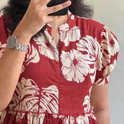 assamica Women Fit and Flare Maroon, Beige Midi/Calf Length Dress image 1