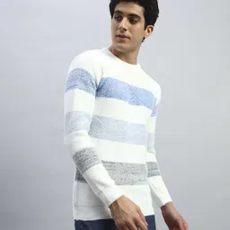 hell bound Men Striped Round Neck Light Blue Sweater image 3