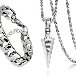 faizam collection Silver Arrow Pendant Heavy Chain & Silver Plated Bracelet Stainless Steel Silver Stainless Steel, Alloy Locket-picture-11