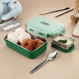wiaa 2 Compartment Stainless Steel Lunch Box for School Kids with Veg Box and Spoon 2 Containers Lunch Box image 3