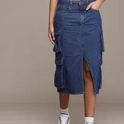 roadster Women Solid Straight Blue Skirt image 2