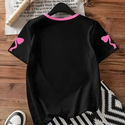 englishpremium Women Printed Round Neck Cotton Blend Black T-Shirt image 2