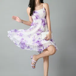 metronaut Women Fit and Flare White, Purple Knee Length Dress-picture-18