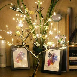 velocious Tabletop Firefly Bonsai Branches Tree Light with 72 LED with Golden Leaf Artificial Fairy Light Tree Desk Lamp Battery/USB Operated Decoration Night Light for Bedroom Home Party Wedding Table Lamp image 2