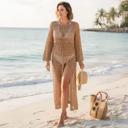 momisy Beachware Lace Dress Self Design Women Bikini Brown Swimsuit image 2