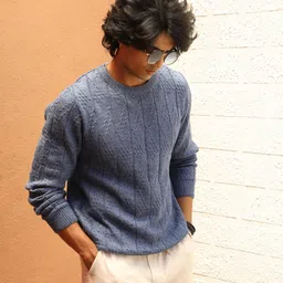 campus sutra Men Self Design Round Neck Blue Sweater image 2