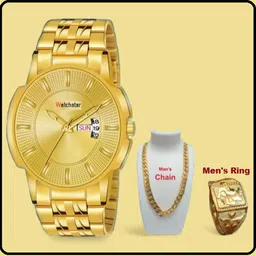 watchstar Golden Casual Watch With Golden Chain and Free Ring Analog Watch - For Men Golden Watch With Golden Chain With Free Ring-picture-27