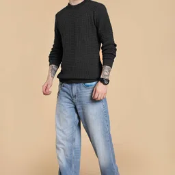 nikline Men Self Design Round Neck Grey Sweater image 1