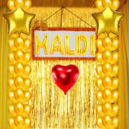 loons peddler Solid Golden Yellow Balloons, Haldi Star Heart Foils, Haldi Decoration Set for Wedding Balloon-picture-22