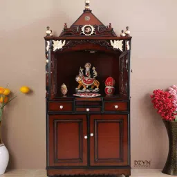 dzyn furnitures Pooja Graham Large Floor Rested Pooja Mandap with Door (Brown Gold) image 1