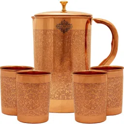 indianartvilla Embossed Design Jug With 4 Glass With Pitambari,Drinkware Jug Glass Set image 2