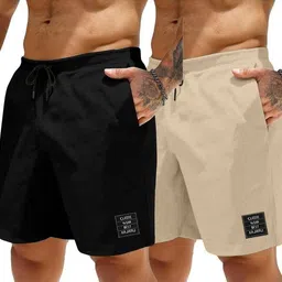 shree ji fabcon Pack of 2 Solid Men Black, Beige Basic Shorts, Night Shorts, Regular Shorts, Running Shorts, Sports Shorts, Casual Shorts image 4