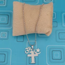 shiv jagdamba Religious Om Cross Star Moon Locket With Chain Sterling Silver Stainless Steel Pendant Set image 3