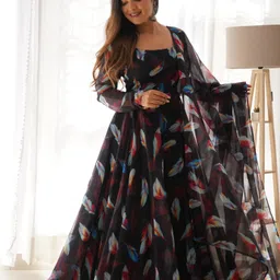 miss clothing Floral Print Georgette Stitched Flared/A-line Gown image 5