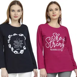 chozi Pack of 2 Women Graphic Print Round Neck Cotton Blend Black, Pink T-Shirt-picture-14