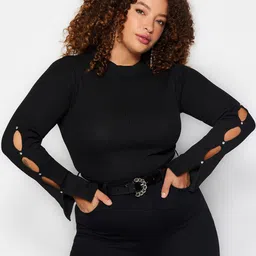 Trendyol Plus Size Ribbed Button Detail Slit Sleeve Fitted Top-picture-25