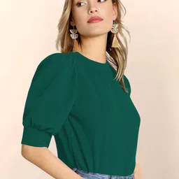 dream beauty fashion Casual Puff Sleeves Solid Women Dark Green Top image 3