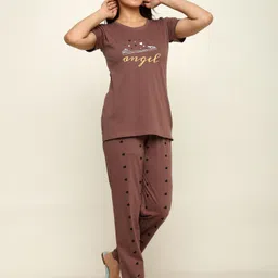 feeling Women Night Suit Set Brown Printed image 4