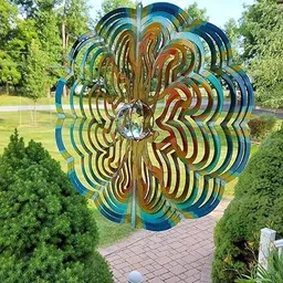 moradiya fresh 12"x 12" Laser Cut Metal Art Sun Pattern with Unique Mirror Ball Wind Spinner | Stainless Steel Wind Spinner image 3