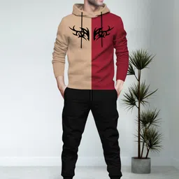 blive Men Night Suit Set Beige, Red Printed, Colorblock-picture-11