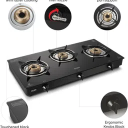 glen 3 Burner Glass Gas Stove with High Flame Brass Burner (1030 GT HF BB BL) Glass Manual Gas Stove image 2