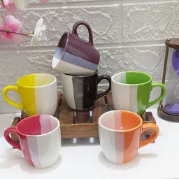 maalaxmi store Pack of 6 Ceramic MULTICOLOUR TRIPLE SHED IN U TONE CUP (6 CUPS SET) image 2