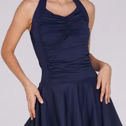 tomkot Women Halter Neck Swimwear,one Piece Swimsuit with Attached Shorts Solid Women Swim-dress Blue Swimsuit-picture-24