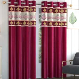 Wine Polyester Solid 9ft Semisheer Eyelet Long Door Curtains (3Pcs)-image-62