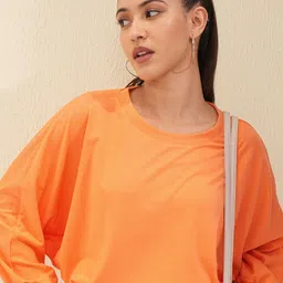 Women Solid Round Neck Cotton Blend Orange T-Shirt-image-99