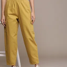 roadster Women Regular Fit Yellow Cotton Blend Trousers-picture-14
