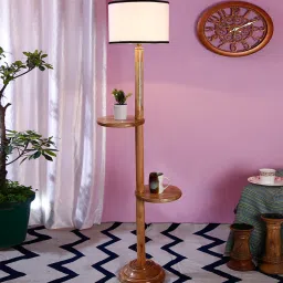 New Era Multicolor Cotton Drum Shade Wood Natural Table Floor Lamp by New Era image 1