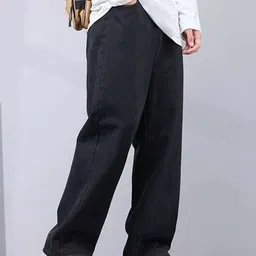 Men Loose Fit Mid Rise Black Jeans-image-4