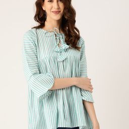 Cottinfab Women Sea Green & White Tie-Up Neck Striped A-Line Pure Cotton Top-picture-11
