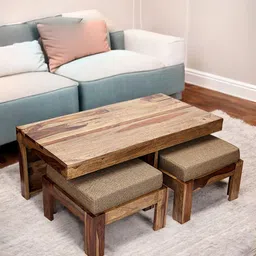 Ikiriya Coffee Brown Wooden Teak Finish Rectangle Coffee Table With Stool and Cushions-image-1