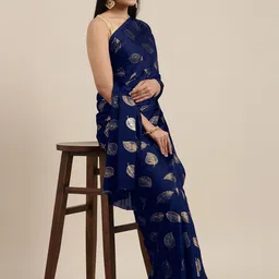 Mitera Navy Blue & Gold-Toned Floral Satin Saree-picture-27