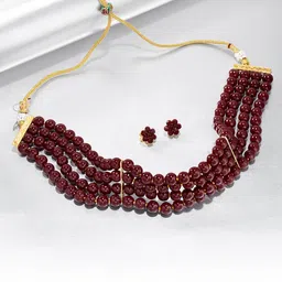 Peora Maroon Gold Plated Handcrafted Beaded Choker Necklace & Earrings Jewellery Set-picture-36