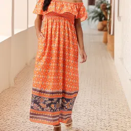 DressBerry Street Chic Meets Ethnic Prints Off-Shoulder Smoked Maxi Dress-picture-11
