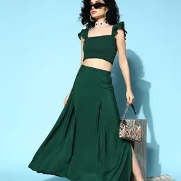 Berrylush Women Green Solid Top with Skirt-image-87