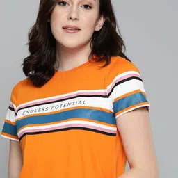 Harvard Women Orange & Teal Blue Pure Cotton Striped Round Neck T-shirt-image-42
