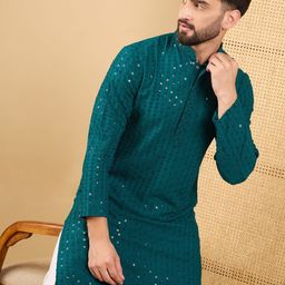 House of Pataudi Floral Embroidered Mandarin Collar Chikankari Straight Kurta-picture-1