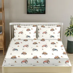 Trance Home Linen White & Orange Graphic Printed 180 TC Fitted Cotton Queen Bedsheet Set-image-55