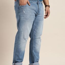 Sztori Men Plus Size Blue Slim Tapered Fit Low Distressed Light Fade Stretchable Jeans-picture-1