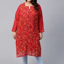 ADA Women Plus Size Red & Green Floral Embroidered Chikankari Kurta With Slip-picture-14
